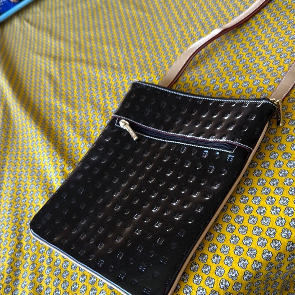 Arcadia Black and Tan Quilted Crossbody Bag. Patent leather made in Italy.